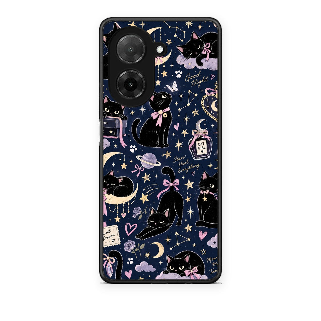 Θήκη Xiaomi Redmi A5 Celestial Black Cats on Navy από τη Smartfits με σχέδιο στο πίσω μέρος και μαύρο περίβλημα | Xiaomi Redmi A5 Celestial Black Cats on Navy case with colorful back and black bezels