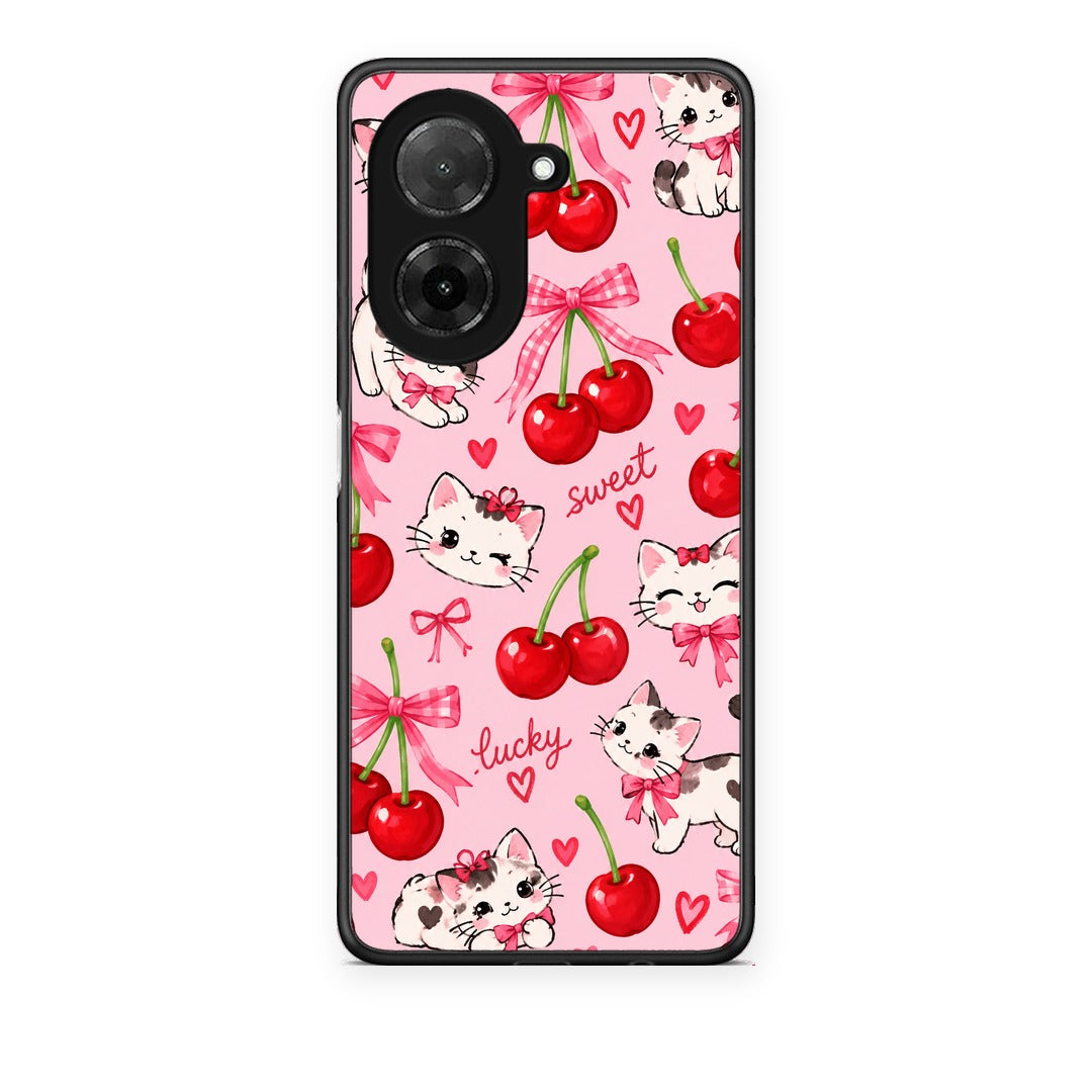 Θήκη Xiaomi Redmi A5 Cherries Bows and Kittens on Pink από τη Smartfits με σχέδιο στο πίσω μέρος και μαύρο περίβλημα | Xiaomi Redmi A5 Cherries Bows and Kittens on Pink case with colorful back and black bezels