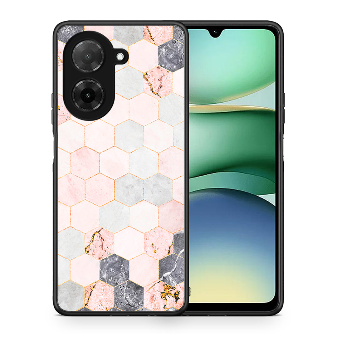 Θήκη Xiaomi Redmi A5 Hexagon Pink Marble από τη Smartfits με σχέδιο στο πίσω μέρος και μαύρο περίβλημα | Xiaomi Redmi A5 Hexagon Pink Marble case with colorful back and black bezels