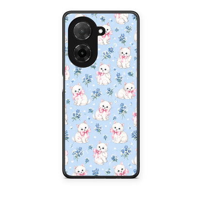 Θήκη Xiaomi Redmi A5 White Kittens and Blue Flowers Small από τη Smartfits με σχέδιο στο πίσω μέρος και μαύρο περίβλημα | Xiaomi Redmi A5 White Kittens and Blue Flowers Small case with colorful back and black bezels