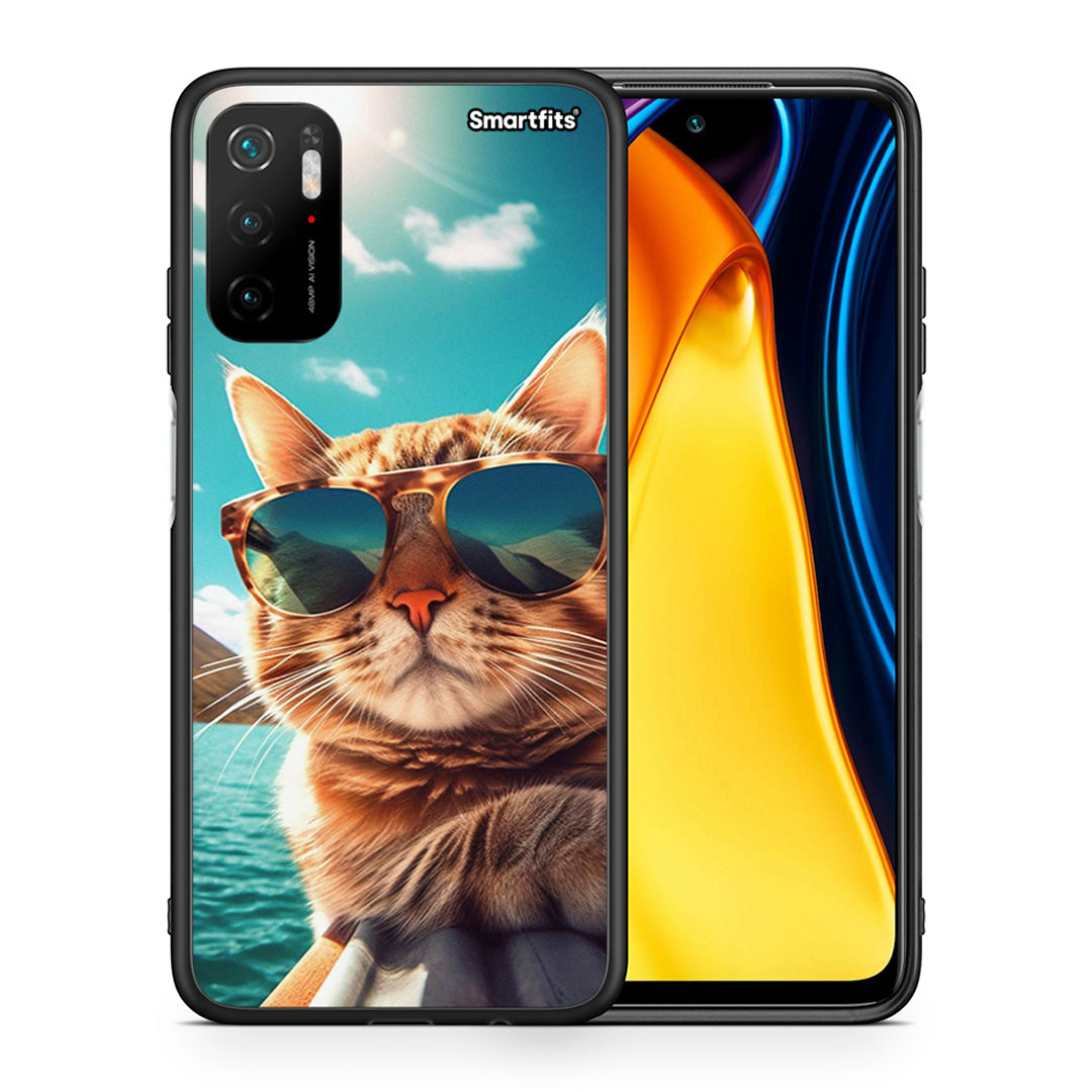 Θήκη Xiaomi Redmi Note 10 5G/Poco M3 Pro Summer Cat από τη Smartfits με σχέδιο στο πίσω μέρος και μαύρο περίβλημα | Xiaomi Redmi Note 10 5G/Poco M3 Pro Summer Cat case with colorful back and black bezels