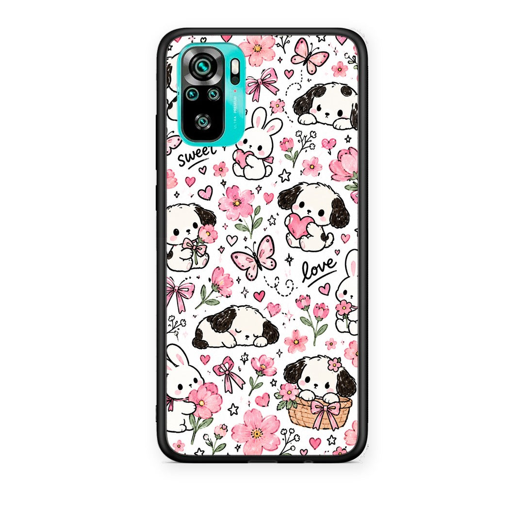Θήκη Xiaomi Redmi Note 10S / 10 4G Pink Florals Puppies and Bunnies on White από τη Smartfits με σχέδιο στο πίσω μέρος και μαύρο περίβλημα | Xiaomi Redmi Note 10S / 10 4G Pink Florals Puppies and Bunnies on White case with colorful back and black bezels