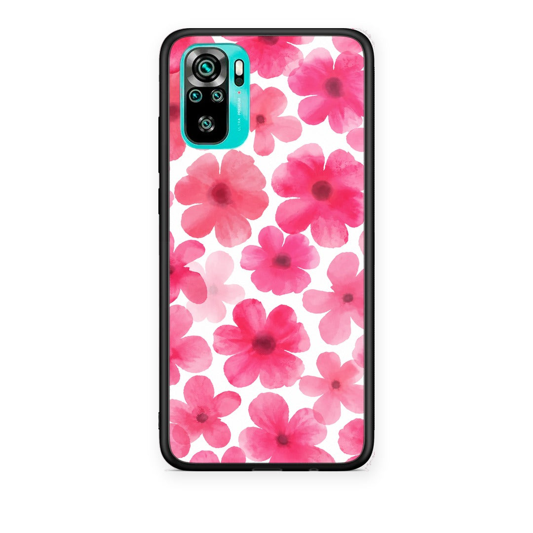 Θήκη Xiaomi Redmi Note 10S / 10 4G Pink Watercolour Flowers on White από τη Smartfits με σχέδιο στο πίσω μέρος και μαύρο περίβλημα | Xiaomi Redmi Note 10S / 10 4G Pink Watercolour Flowers on White case with colorful back and black bezels