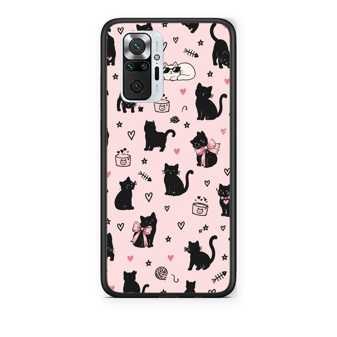 Θήκη Xiaomi Redmi Note 10 Pro / 10 Pro Max Black Cat Doodles on Pink από τη Smartfits με σχέδιο στο πίσω μέρος και μαύρο περίβλημα | Xiaomi Redmi Note 10 Pro / 10 Pro Max Black Cat Doodles on Pink case with colorful back and black bezels