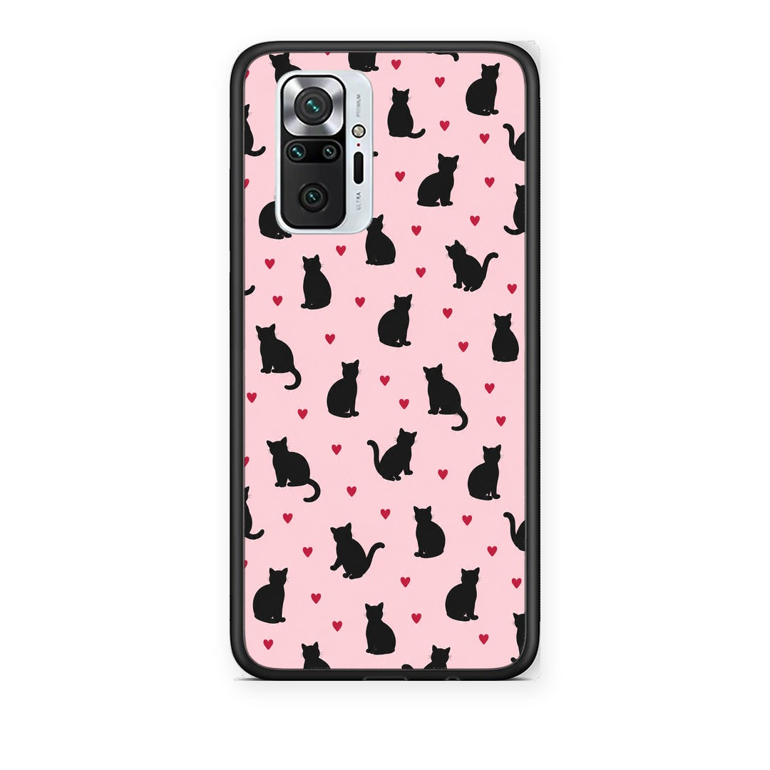 Θήκη Xiaomi Redmi Note 10 Pro / 10 Pro Max Black Cat Silhouettes and Hearts on Pink από τη Smartfits με σχέδιο στο πίσω μέρος και μαύρο περίβλημα | Xiaomi Redmi Note 10 Pro / 10 Pro Max Black Cat Silhouettes and Hearts on Pink case with colorful back and black bezels