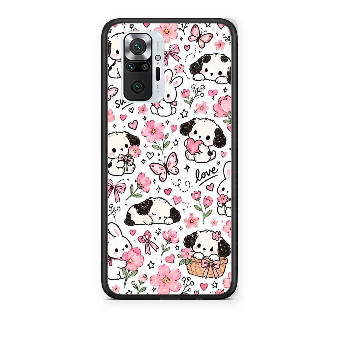 Θήκη Xiaomi Redmi Note 10 Pro / 10 Pro Max Pink Florals Puppies and Bunnies on White από τη Smartfits με σχέδιο στο πίσω μέρος και μαύρο περίβλημα | Xiaomi Redmi Note 10 Pro / 10 Pro Max Pink Florals Puppies and Bunnies on White case with colorful back and black bezels