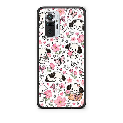 Θήκη Xiaomi Redmi Note 10 Pro / 10 Pro Max Pink Florals Puppies and Bunnies on White από τη Smartfits με σχέδιο στο πίσω μέρος και μαύρο περίβλημα | Xiaomi Redmi Note 10 Pro / 10 Pro Max Pink Florals Puppies and Bunnies on White case with colorful back and black bezels