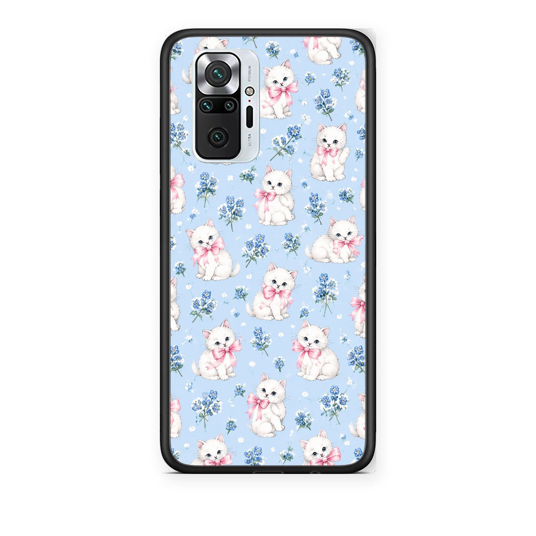 Θήκη Xiaomi Redmi Note 10 Pro / 10 Pro Max White Kittens and Blue Flowers Small από τη Smartfits με σχέδιο στο πίσω μέρος και μαύρο περίβλημα | Xiaomi Redmi Note 10 Pro / 10 Pro Max White Kittens and Blue Flowers Small case with colorful back and black bezels