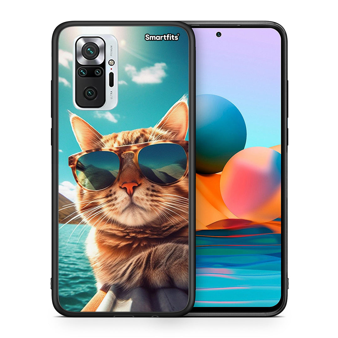 Θήκη Xiaomi Redmi Note 10 Pro Summer Cat από τη Smartfits με σχέδιο στο πίσω μέρος και μαύρο περίβλημα | Xiaomi Redmi Note 10 Pro Summer Cat case with colorful back and black bezels