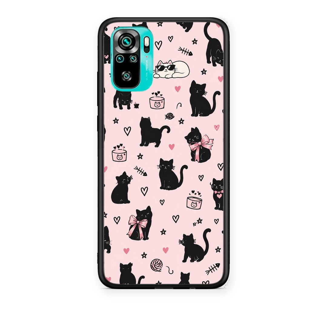 Θήκη Xiaomi Poco M5s Black Cat Doodles on Pink από τη Smartfits με σχέδιο στο πίσω μέρος και μαύρο περίβλημα | Xiaomi Poco M5s Black Cat Doodles on Pink case with colorful back and black bezels