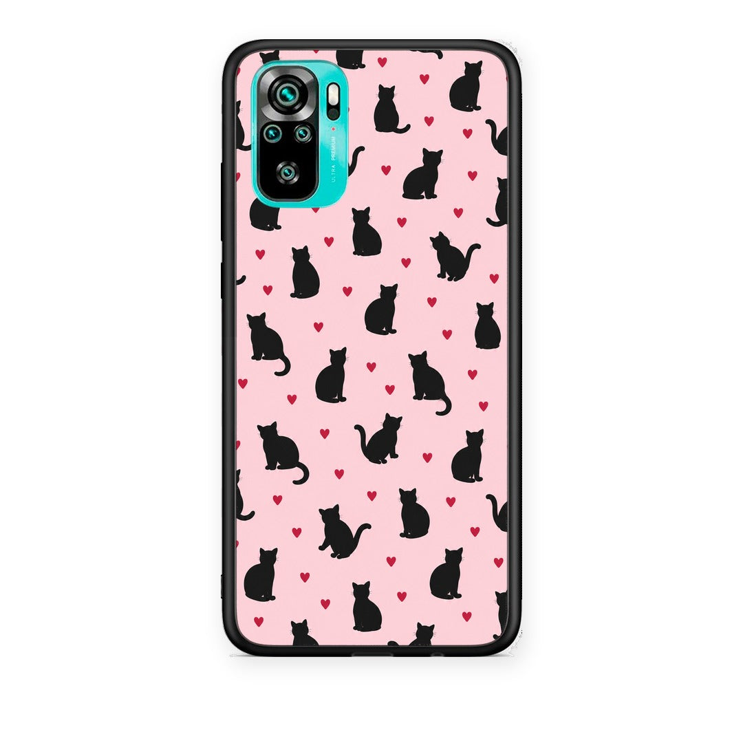 Θήκη Xiaomi Poco M5s Black Cat Silhouettes and Hearts on Pink από τη Smartfits με σχέδιο στο πίσω μέρος και μαύρο περίβλημα | Xiaomi Poco M5s Black Cat Silhouettes and Hearts on Pink case with colorful back and black bezels
