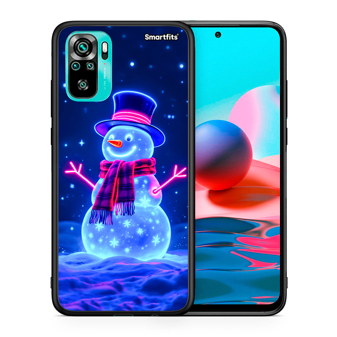 Θήκη Xiaomi Redmi Note 10 Christmas Neon Snowman από τη Smartfits με σχέδιο στο πίσω μέρος και μαύρο περίβλημα | Xiaomi Redmi Note 10 Christmas Neon Snowman case with colorful back and black bezels