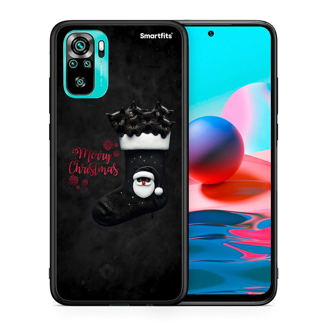 Θήκη Xiaomi Redmi Note 10 Merry Cat Christmas από τη Smartfits με σχέδιο στο πίσω μέρος και μαύρο περίβλημα | Xiaomi Redmi Note 10 Merry Cat Christmas case with colorful back and black bezels