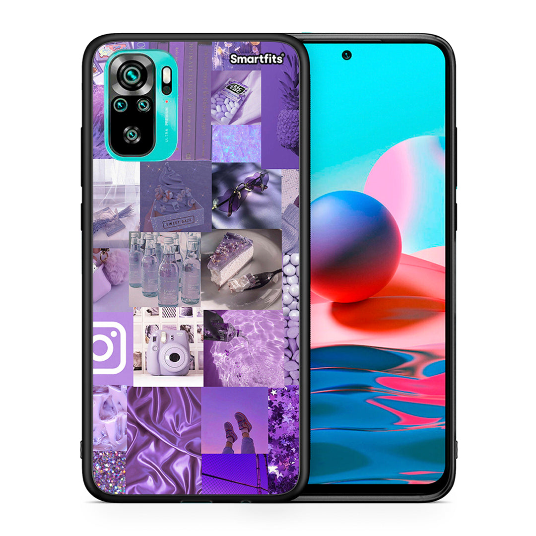 Θήκη Xiaomi Redmi Note 10 Purple Aesthetic Collage από τη Smartfits με σχέδιο στο πίσω μέρος και μαύρο περίβλημα | Xiaomi Redmi Note 10 Purple Aesthetic Collage case with colorful back and black bezels