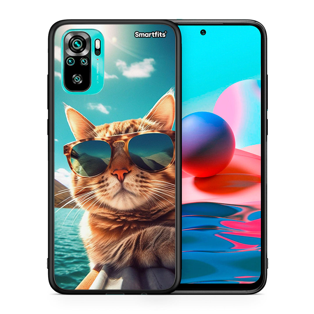 Θήκη Xiaomi Redmi Note 10 Summer Cat από τη Smartfits με σχέδιο στο πίσω μέρος και μαύρο περίβλημα | Xiaomi Redmi Note 10 Summer Cat case with colorful back and black bezels