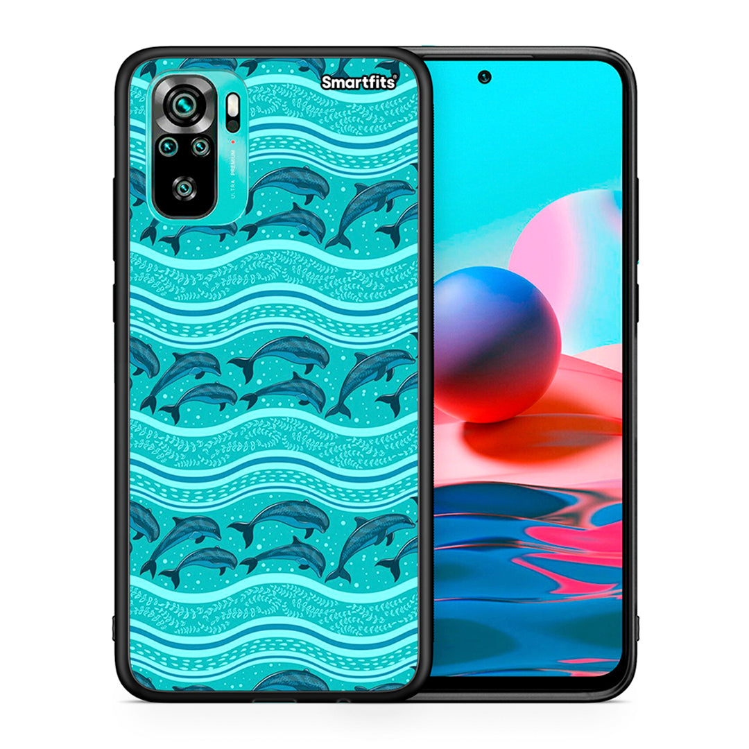 Θήκη Xiaomi Redmi Note 10 Swimming Dolphins από τη Smartfits με σχέδιο στο πίσω μέρος και μαύρο περίβλημα | Xiaomi Redmi Note 10 Swimming Dolphins case with colorful back and black bezels