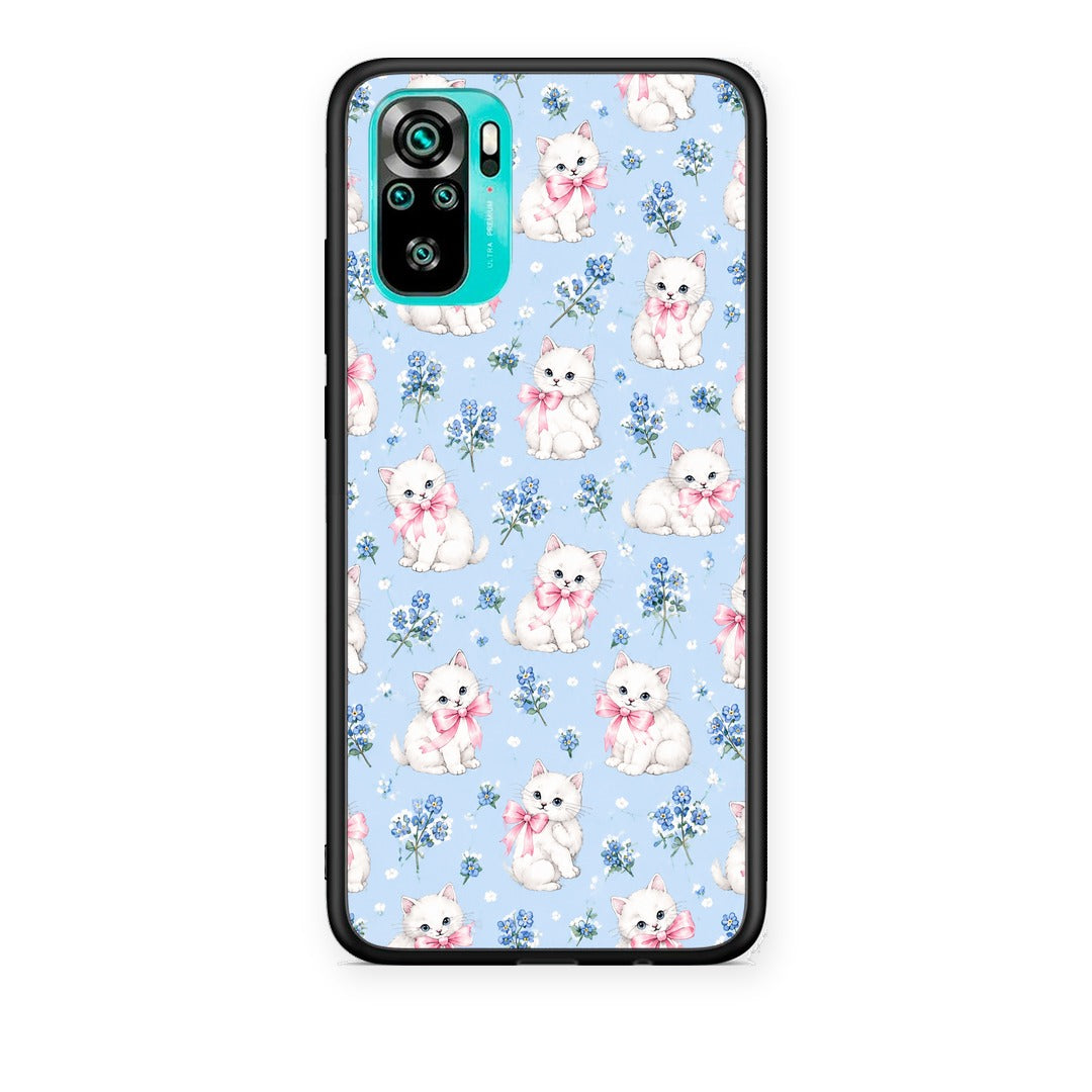 Θήκη Xiaomi Poco M5s White Kittens and Blue Flowers Small από τη Smartfits με σχέδιο στο πίσω μέρος και μαύρο περίβλημα | Xiaomi Poco M5s White Kittens and Blue Flowers Small case with colorful back and black bezels