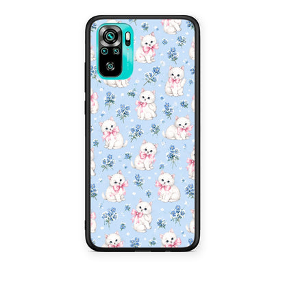 Θήκη Xiaomi Poco M5s White Kittens and Blue Flowers Small από τη Smartfits με σχέδιο στο πίσω μέρος και μαύρο περίβλημα | Xiaomi Poco M5s White Kittens and Blue Flowers Small case with colorful back and black bezels
