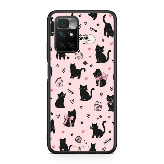 Θήκη Xiaomi Redmi Note 11 4G / 11S 4G Black Cat Doodles on Pink από τη Smartfits με σχέδιο στο πίσω μέρος και μαύρο περίβλημα | Xiaomi Redmi Note 11 4G / 11S 4G Black Cat Doodles on Pink case with colorful back and black bezels