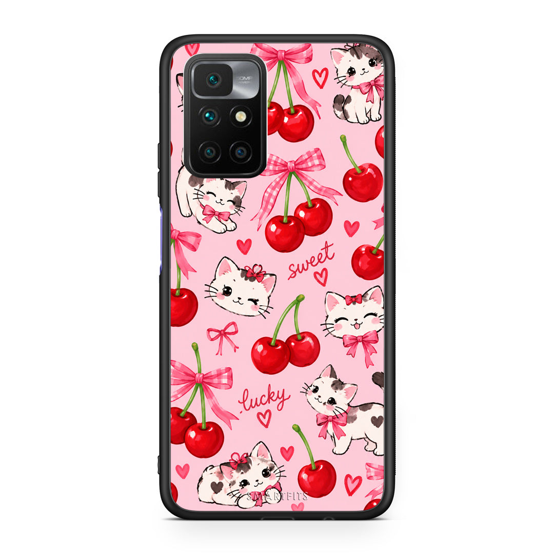 Θήκη Xiaomi Redmi Note 11 4G / 11S 4G Cherries Bows and Kittens on Pink από τη Smartfits με σχέδιο στο πίσω μέρος και μαύρο περίβλημα | Xiaomi Redmi Note 11 4G / 11S 4G Cherries Bows and Kittens on Pink case with colorful back and black bezels