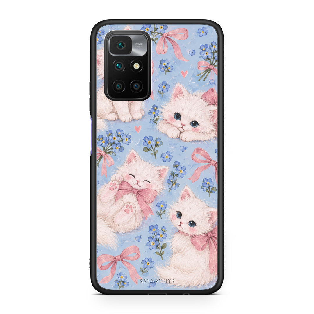 Θήκη Xiaomi Redmi Note 11 4G / 11S 4G White Kittens and Blue Flowers Large από τη Smartfits με σχέδιο στο πίσω μέρος και μαύρο περίβλημα | Xiaomi Redmi Note 11 4G / 11S 4G White Kittens and Blue Flowers Large case with colorful back and black bezels