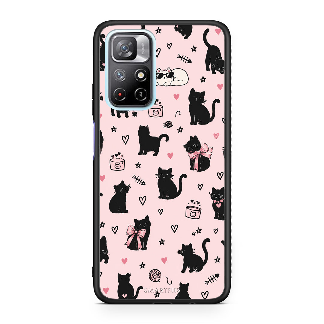 Θήκη Xiaomi Redmi Note 11S 5G Black Cat Doodles on Pink από τη Smartfits με σχέδιο στο πίσω μέρος και μαύρο περίβλημα | Xiaomi Redmi Note 11S 5G Black Cat Doodles on Pink case with colorful back and black bezels