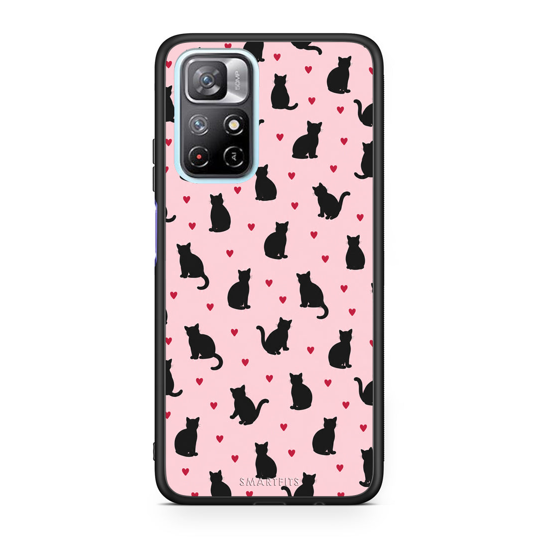 Θήκη Xiaomi Redmi Note 11S 5G Black Cat Silhouettes and Hearts on Pink από τη Smartfits με σχέδιο στο πίσω μέρος και μαύρο περίβλημα | Xiaomi Redmi Note 11S 5G Black Cat Silhouettes and Hearts on Pink case with colorful back and black bezels