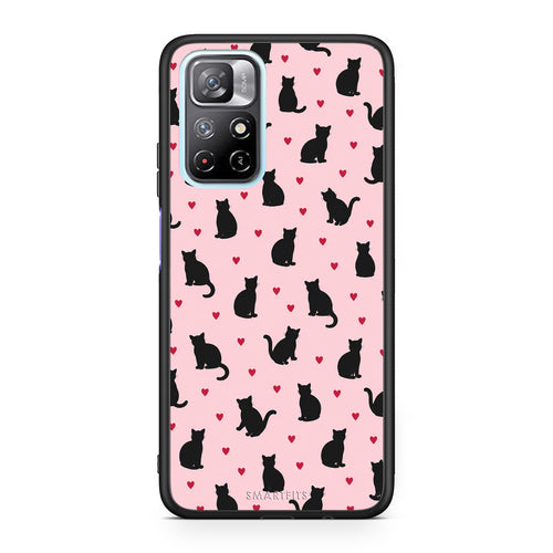 Θήκη Xiaomi Redmi Note 11S 5G Black Cat Silhouettes and Hearts on Pink από τη Smartfits με σχέδιο στο πίσω μέρος και μαύρο περίβλημα | Xiaomi Redmi Note 11S 5G Black Cat Silhouettes and Hearts on Pink case with colorful back and black bezels