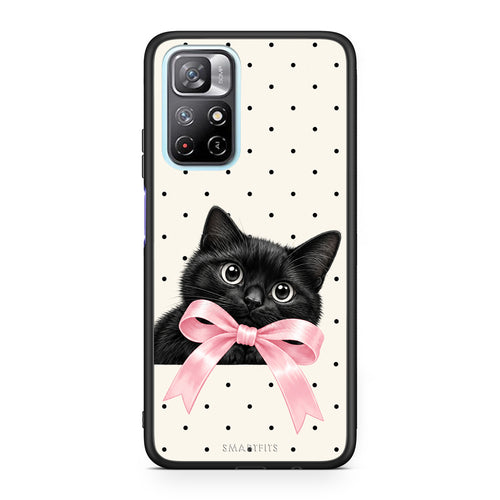 Θήκη Xiaomi Redmi Note 11S 5G Black Kitten Pink Bow and Polka Dots από τη Smartfits με σχέδιο στο πίσω μέρος και μαύρο περίβλημα | Xiaomi Redmi Note 11S 5G Black Kitten Pink Bow and Polka Dots case with colorful back and black bezels