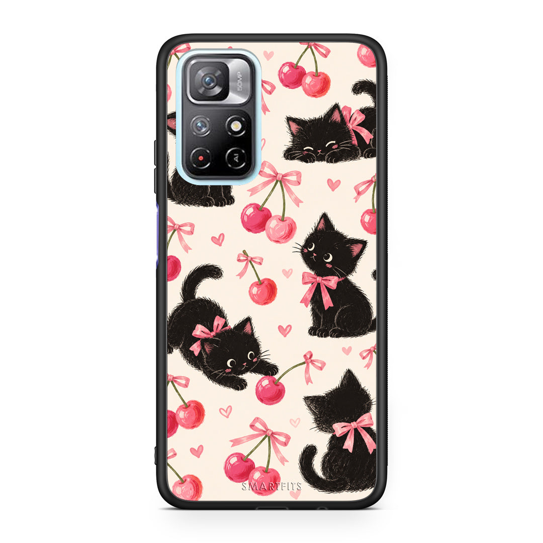Θήκη Xiaomi Redmi Note 11S 5G Black Kittens and Cherries on Cream από τη Smartfits με σχέδιο στο πίσω μέρος και μαύρο περίβλημα | Xiaomi Redmi Note 11S 5G Black Kittens and Cherries on Cream case with colorful back and black bezels