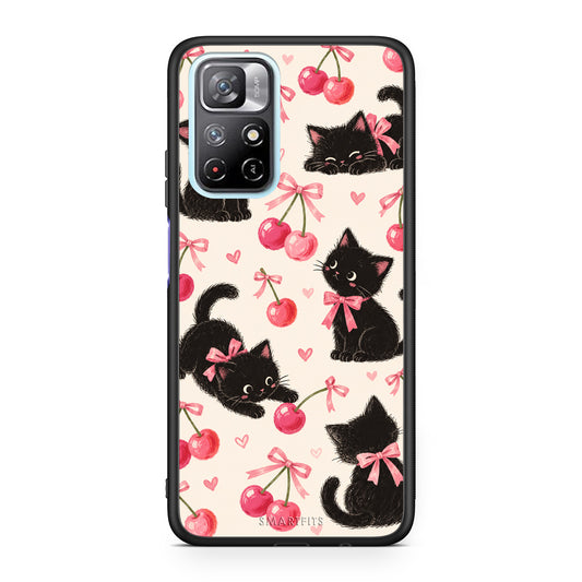 Θήκη Xiaomi Redmi Note 11S 5G Black Kittens and Cherries on Cream από τη Smartfits με σχέδιο στο πίσω μέρος και μαύρο περίβλημα | Xiaomi Redmi Note 11S 5G Black Kittens and Cherries on Cream case with colorful back and black bezels