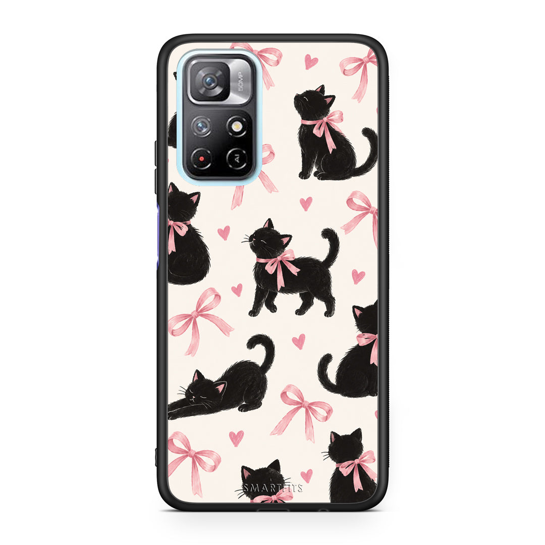 Θήκη Xiaomi Redmi Note 11S 5G Black Kittens and Pink Bows on Cream Large από τη Smartfits με σχέδιο στο πίσω μέρος και μαύρο περίβλημα | Xiaomi Redmi Note 11S 5G Black Kittens and Pink Bows on Cream Large case with colorful back and black bezels