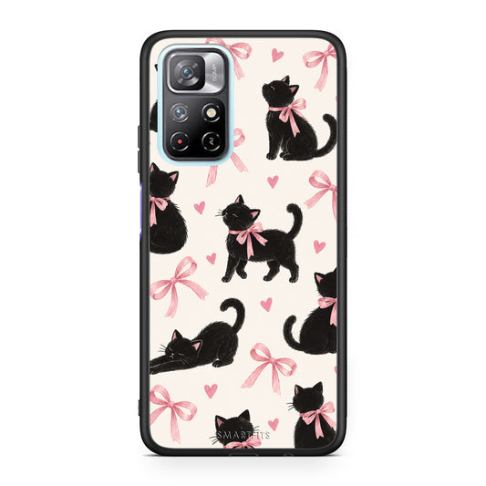 Θήκη Xiaomi Redmi Note 11S 5G Black Kittens and Pink Bows on Cream Large από τη Smartfits με σχέδιο στο πίσω μέρος και μαύρο περίβλημα | Xiaomi Redmi Note 11S 5G Black Kittens and Pink Bows on Cream Large case with colorful back and black bezels