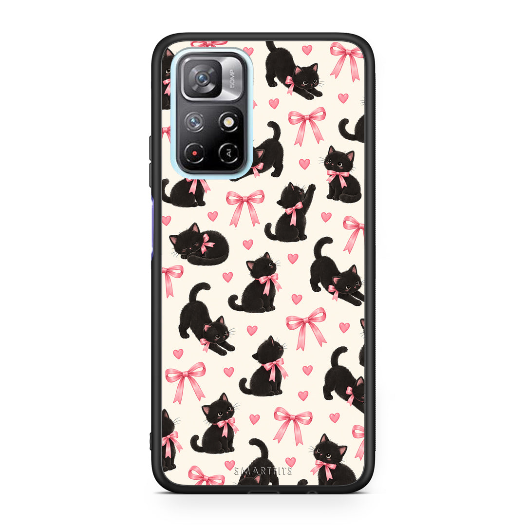 Θήκη Xiaomi Redmi Note 11S 5G Black Kittens and Pink Bows on Cream Small από τη Smartfits με σχέδιο στο πίσω μέρος και μαύρο περίβλημα | Xiaomi Redmi Note 11S 5G Black Kittens and Pink Bows on Cream Small case with colorful back and black bezels