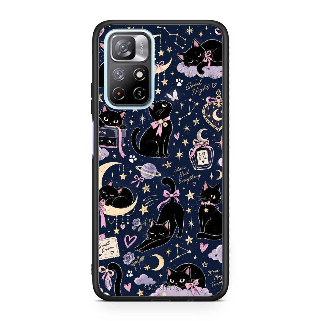 Θήκη Xiaomi Redmi Note 11S 5G Celestial Black Cats on Navy από τη Smartfits με σχέδιο στο πίσω μέρος και μαύρο περίβλημα | Xiaomi Redmi Note 11S 5G Celestial Black Cats on Navy case with colorful back and black bezels