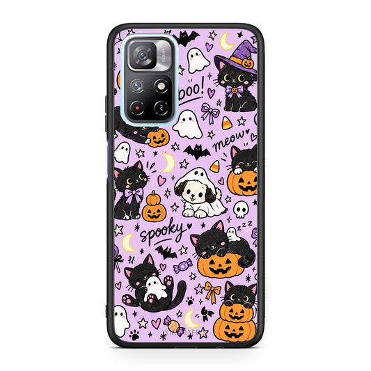 Θήκη Xiaomi Redmi Note 11S 5G Halloween Black Cats on Lilac από τη Smartfits με σχέδιο στο πίσω μέρος και μαύρο περίβλημα | Xiaomi Redmi Note 11S 5G Halloween Black Cats on Lilac case with colorful back and black bezels