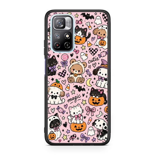 Θήκη Xiaomi Redmi Note 11S 5G Halloween Cute Animals on Pink από τη Smartfits με σχέδιο στο πίσω μέρος και μαύρο περίβλημα | Xiaomi Redmi Note 11S 5G Halloween Cute Animals on Pink case with colorful back and black bezels