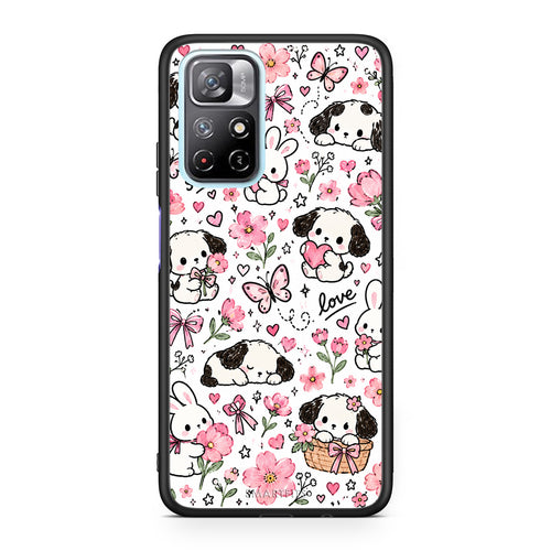 Θήκη Xiaomi Redmi Note 11S 5G Pink Florals Puppies and Bunnies on White από τη Smartfits με σχέδιο στο πίσω μέρος και μαύρο περίβλημα | Xiaomi Redmi Note 11S 5G Pink Florals Puppies and Bunnies on White case with colorful back and black bezels