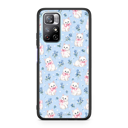 Θήκη Xiaomi Redmi Note 11S 5G White Kittens and Blue Flowers Small από τη Smartfits με σχέδιο στο πίσω μέρος και μαύρο περίβλημα | Xiaomi Redmi Note 11S 5G White Kittens and Blue Flowers Small case with colorful back and black bezels