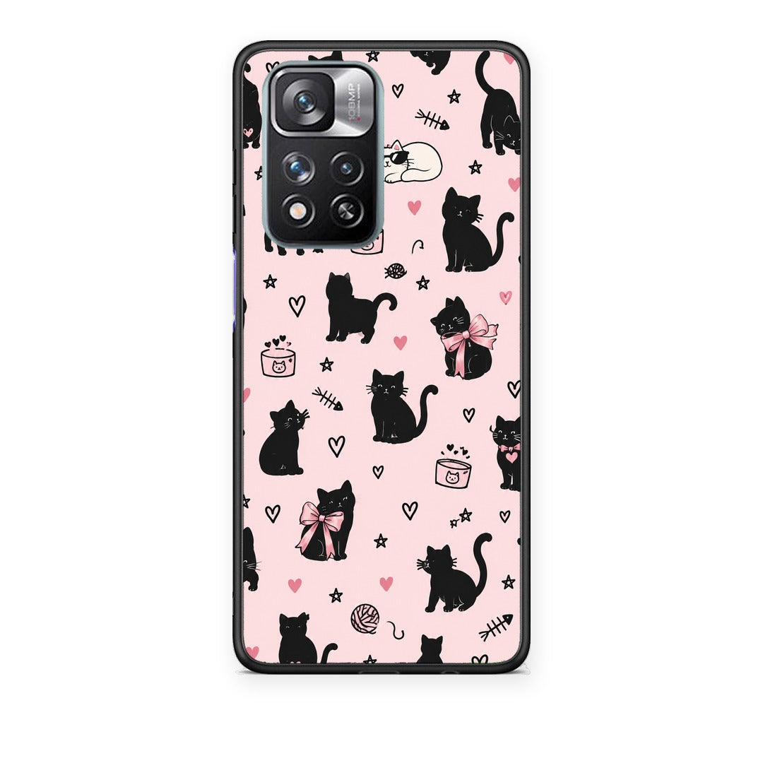 Θήκη Xiaomi Redmi Note 11 Pro+ 5G Black Cat Doodles on Pink από τη Smartfits με σχέδιο στο πίσω μέρος και μαύρο περίβλημα | Xiaomi Redmi Note 11 Pro+ 5G Black Cat Doodles on Pink case with colorful back and black bezels