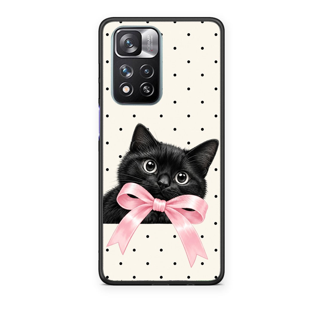 Θήκη Xiaomi Redmi Note 11 Pro+ 5G Black Kitten Pink Bow and Polka Dots από τη Smartfits με σχέδιο στο πίσω μέρος και μαύρο περίβλημα | Xiaomi Redmi Note 11 Pro+ 5G Black Kitten Pink Bow and Polka Dots case with colorful back and black bezels