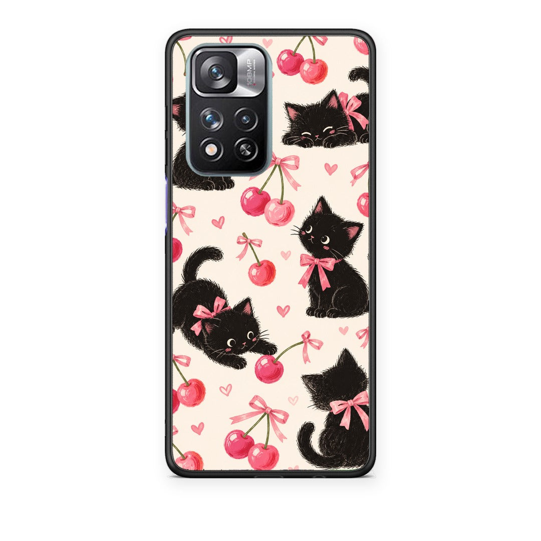 Θήκη Xiaomi Redmi Note 11 Pro+ 5G Black Kittens and Cherries on Cream από τη Smartfits με σχέδιο στο πίσω μέρος και μαύρο περίβλημα | Xiaomi Redmi Note 11 Pro+ 5G Black Kittens and Cherries on Cream case with colorful back and black bezels