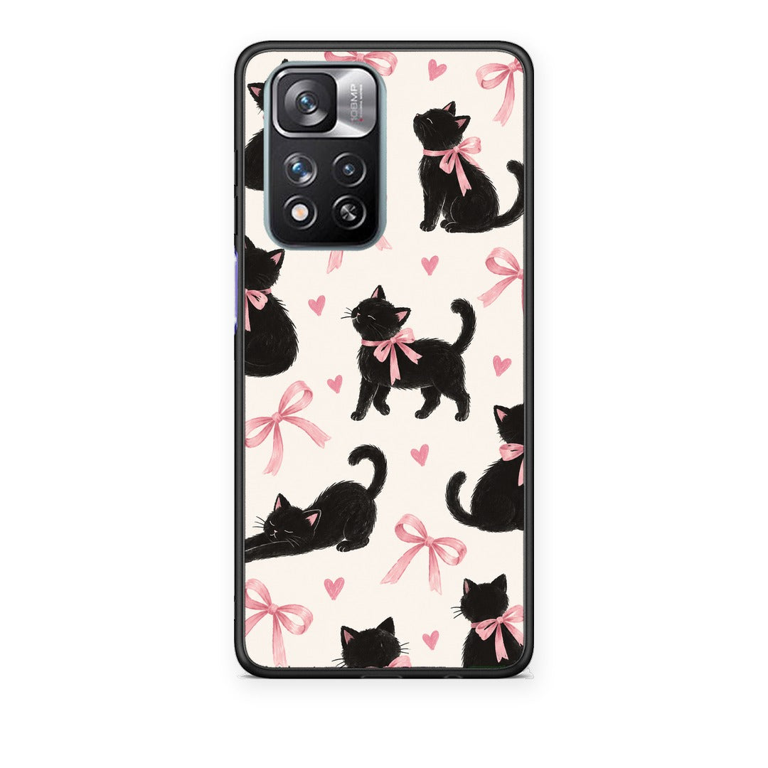 Θήκη Xiaomi Redmi Note 11 Pro+ 5G Black Kittens and Pink Bows on Cream Large από τη Smartfits με σχέδιο στο πίσω μέρος και μαύρο περίβλημα | Xiaomi Redmi Note 11 Pro+ 5G Black Kittens and Pink Bows on Cream Large case with colorful back and black bezels