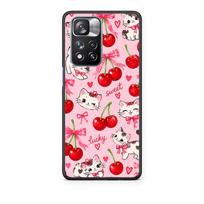 Θήκη Xiaomi Redmi Note 11 Pro+ 5G Cherries Bows and Kittens on Pink από τη Smartfits με σχέδιο στο πίσω μέρος και μαύρο περίβλημα | Xiaomi Redmi Note 11 Pro+ 5G Cherries Bows and Kittens on Pink case with colorful back and black bezels