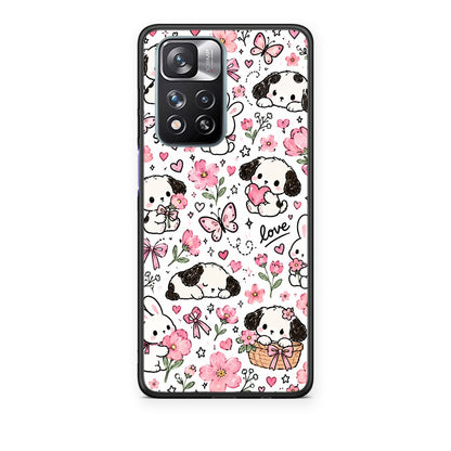 Θήκη Xiaomi Redmi Note 11 Pro+ 5G Pink Florals Puppies and Bunnies on White από τη Smartfits με σχέδιο στο πίσω μέρος και μαύρο περίβλημα | Xiaomi Redmi Note 11 Pro+ 5G Pink Florals Puppies and Bunnies on White case with colorful back and black bezels