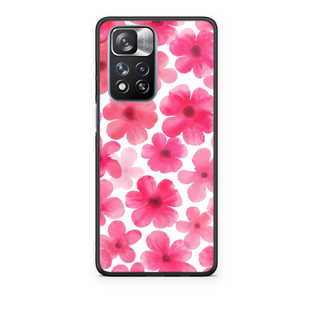 Θήκη Xiaomi Redmi Note 11 Pro+ 5G Pink Watercolour Flowers on White από τη Smartfits με σχέδιο στο πίσω μέρος και μαύρο περίβλημα | Xiaomi Redmi Note 11 Pro+ 5G Pink Watercolour Flowers on White case with colorful back and black bezels