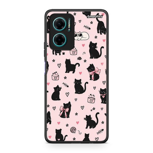 Θήκη Xiaomi Redmi Note 11E Black Cat Doodles on Pink από τη Smartfits με σχέδιο στο πίσω μέρος και μαύρο περίβλημα | Xiaomi Redmi Note 11E Black Cat Doodles on Pink case with colorful back and black bezels