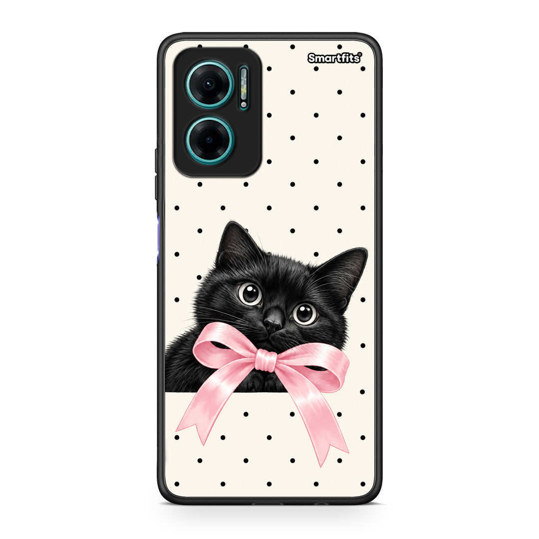 Θήκη Xiaomi Redmi Note 11E Black Kitten Pink Bow and Polka Dots από τη Smartfits με σχέδιο στο πίσω μέρος και μαύρο περίβλημα | Xiaomi Redmi Note 11E Black Kitten Pink Bow and Polka Dots case with colorful back and black bezels