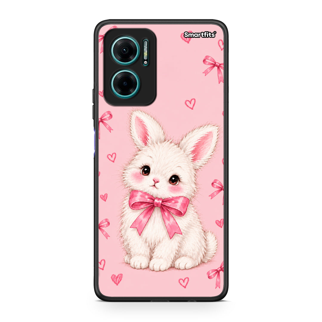 Θήκη Xiaomi Redmi Note 11E White Bunny and Pink Bows από τη Smartfits με σχέδιο στο πίσω μέρος και μαύρο περίβλημα | Xiaomi Redmi Note 11E White Bunny and Pink Bows case with colorful back and black bezels
