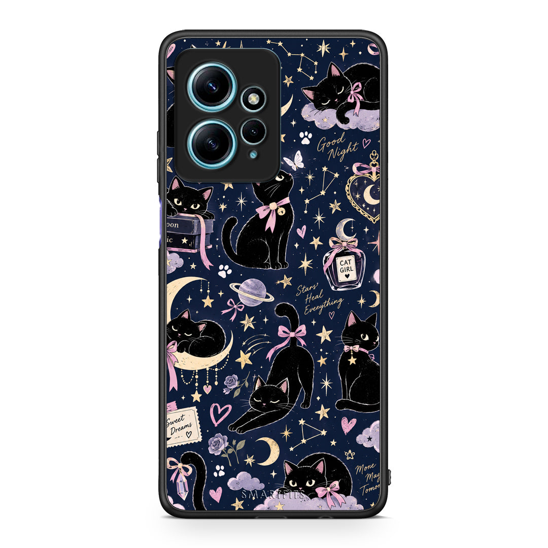 Θήκη Xiaomi Redmi Note 12 4G Celestial Black Cats on Navy από τη Smartfits με σχέδιο στο πίσω μέρος και μαύρο περίβλημα | Xiaomi Redmi Note 12 4G Celestial Black Cats on Navy case with colorful back and black bezels